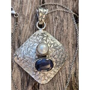 Vintage Modernist Sterling Silver Blue Lapis Lazuli & Pearl Pendant Necklace 20"